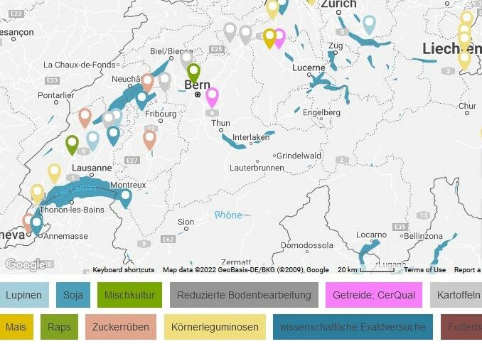FiBL-Versuchsnetzwerkkarte Ackerbau 2022
